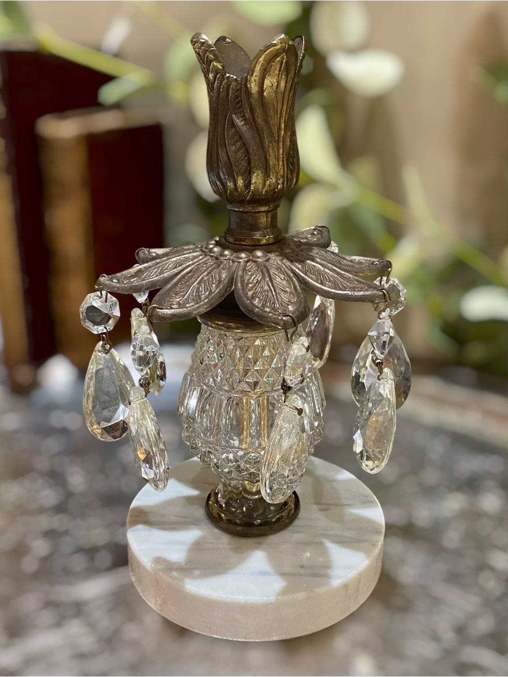 Vintage Italian Candlestick Candle Holder Brass Top Crystal Prisms Marble Base